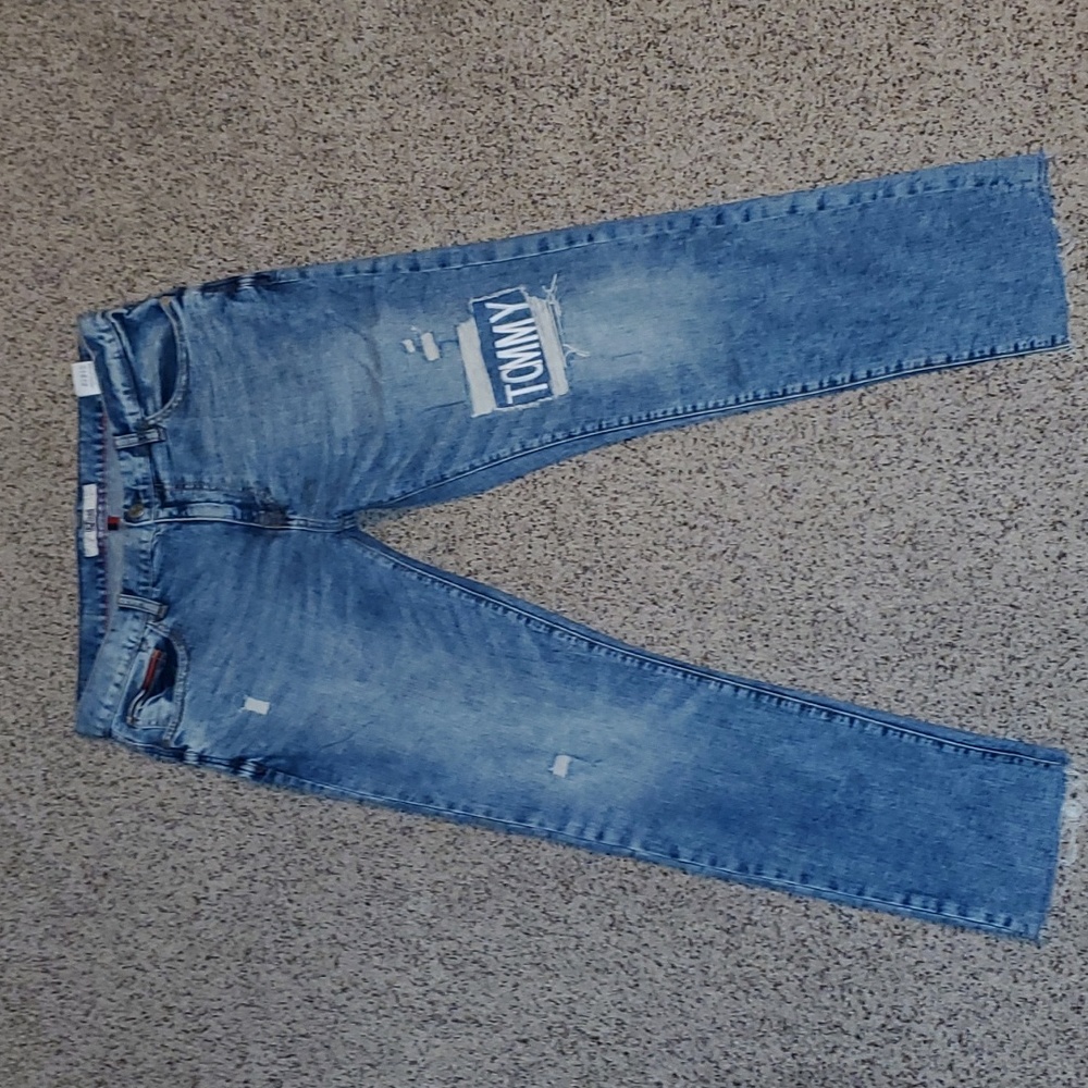 NWOT Tommy Hilfiger Logo Distressed Slim Leg Denim Blue Jeans - Rare